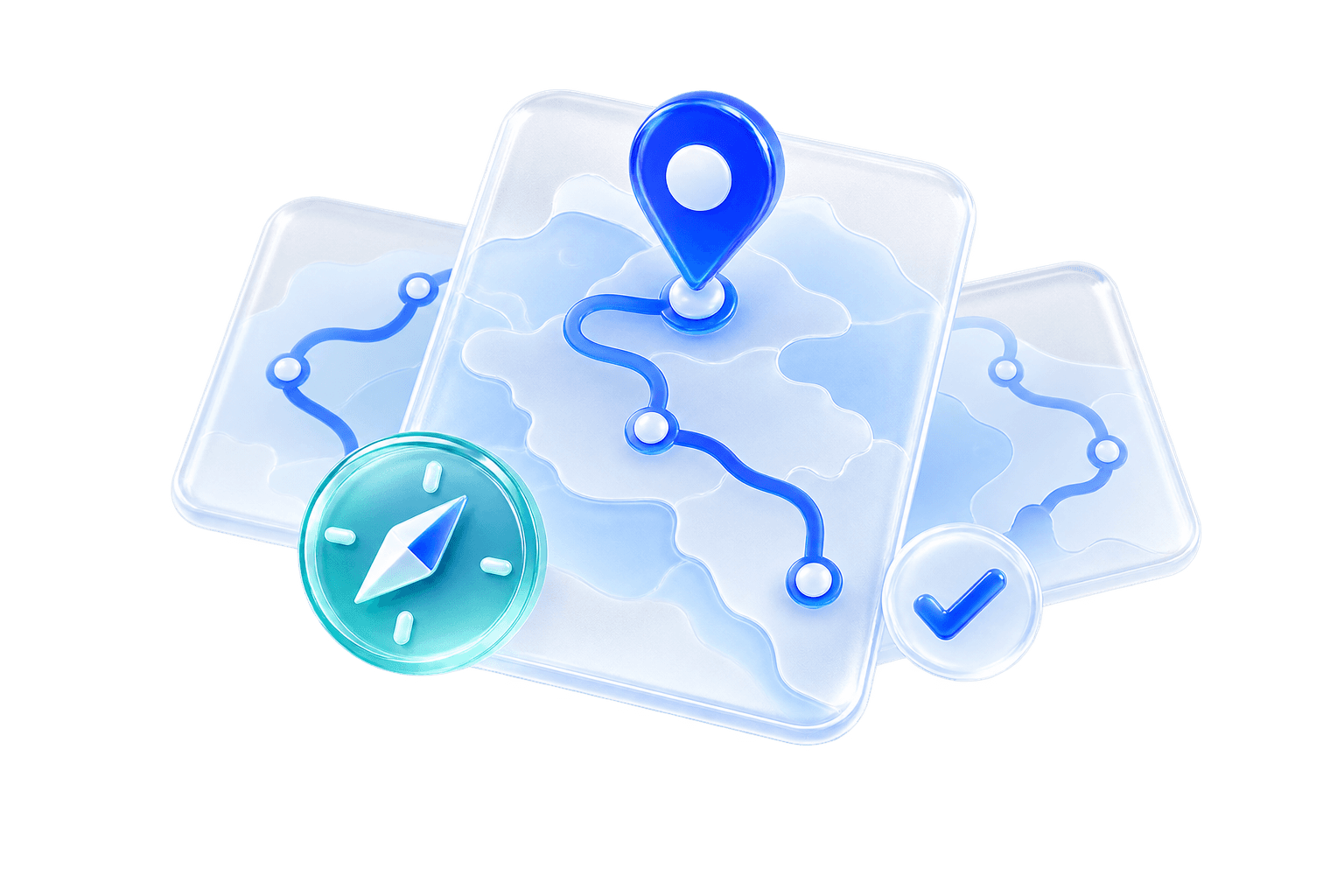 Illustration of layered route cards, a map pin, compass, and checkmark