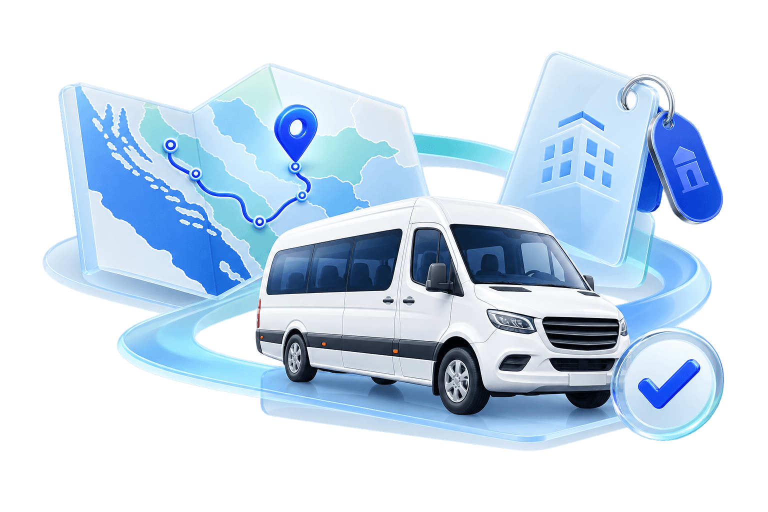 Illustration of a Balkan route, local transport, and confirmed travel services